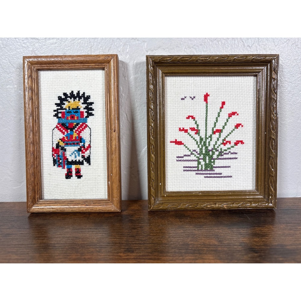 Vintage‎ Handmade Cross Stitch Set Morning Kachina and Ocotillo Framed Wall Art